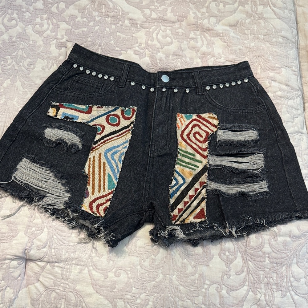 Timing Black Denim Shorts with Multicolor Tribal Design